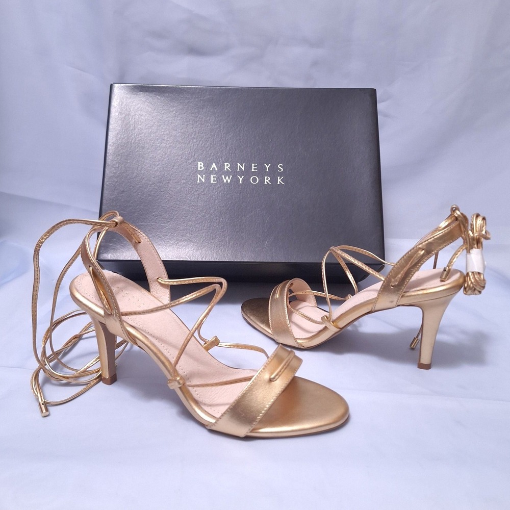 Barneys New York Shelia Lace Up Sandals Gold Metallic Leather Heels Sz 6 Strappy - Picture 1 of 10